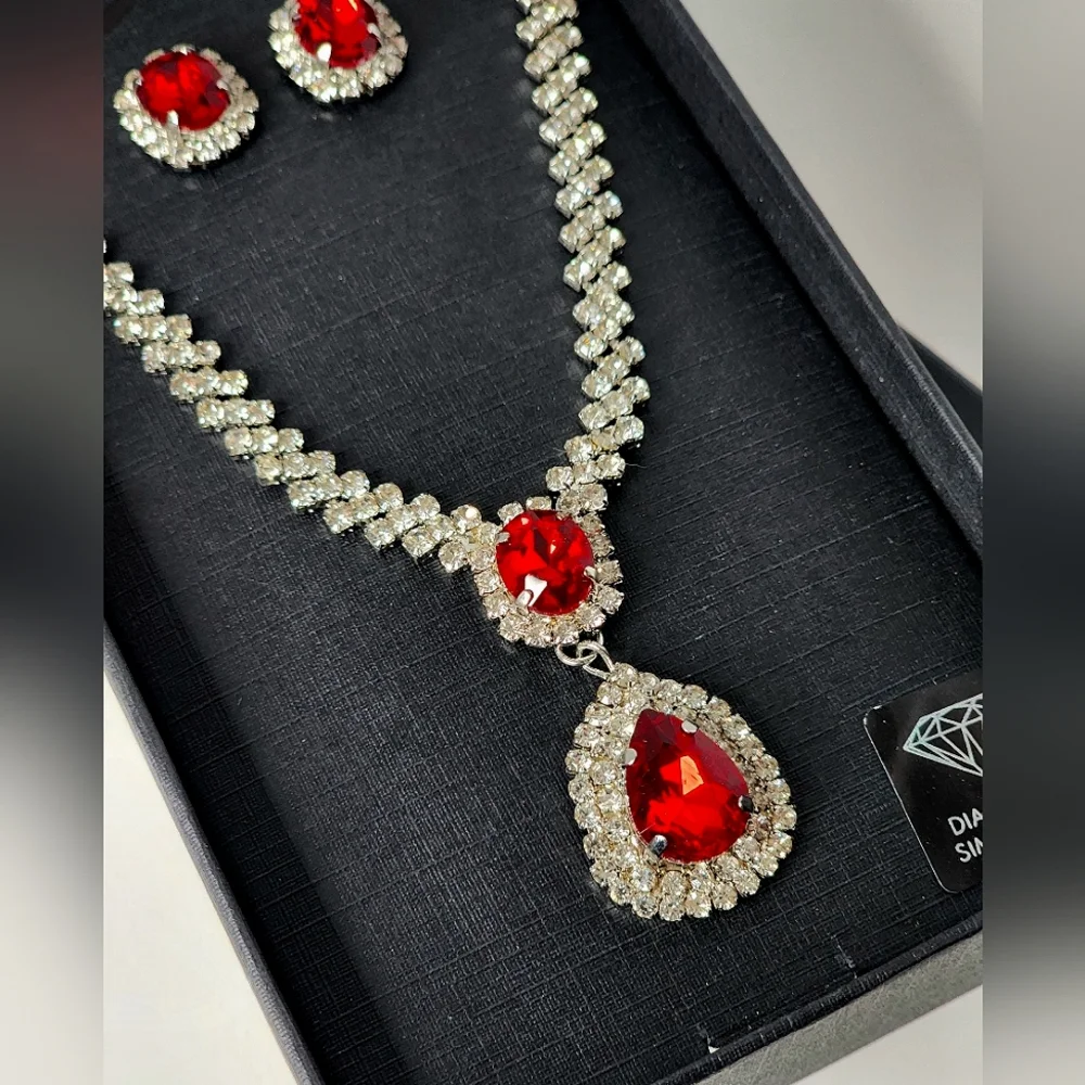 Crimson Red Glass Rhinestone Necklace Earrings Set